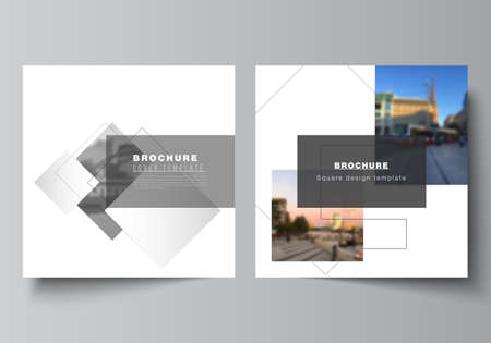 Vector layout of two square format covers design templates with geometric simple shapes, lines and photo place for brochure, flyer, magazine, cover design, book, brochure cover.のイラスト素材