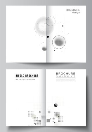 Vector layout of two A4 cover mockups templates for bifold brochure, flyer, cover design, book design. Abstract technology black color science background. Digital data. Minimalist high tech concept.のイラスト素材