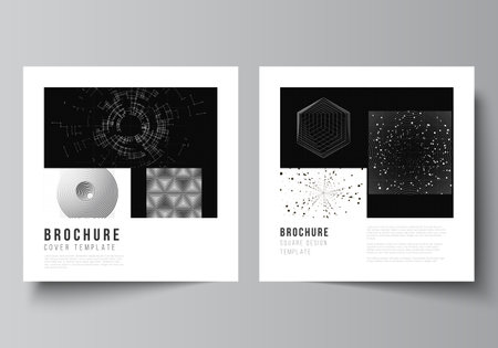 Vector layout of two square covers design templates for brochure, flyer, magazine, cover design, book design.Black color technology background. Digital visualization of science, medicine, tech conceptのイラスト素材