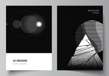 Vector layout of A4 cover design templates for brochure, flyer layout, booklet, cover design, book design. Black color technology background. Digital visualization of science, medicine, tech concept.のイラスト素材