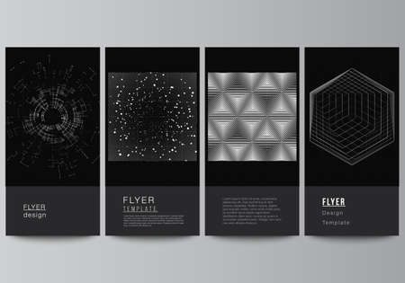 Vector layout of flyer, banner design templates for website design, vertical flyer design, website decoration.Black color technology background. Digital visualization of science, medicine,tech conceptのイラスト素材