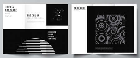 Vector layouts of covers templates for trifold brochure, flyer layout, book design, brochure cover. Abstract technology black color science background. Digital data. Minimalist high tech concept.のイラスト素材