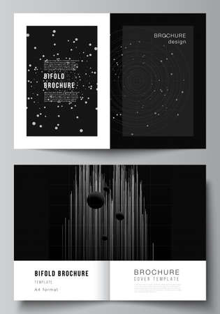 Vector layout of two A4 cover mockups design templates for bifold brochure, flyer, cover design, book design.Black color technology background. Digital visualization of science, medicine, tech conceptのイラスト素材