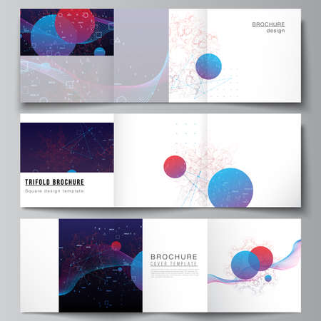 Vector layout of square covers templates for trifold brochure, flyer, cover design, book design, brochure cover. Artificial intelligence, big data visualization. Quantum computer technology concept.の写真素材