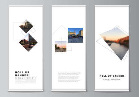 Vector layout of roll up mockup design templates with geometric simple shapes, lines and photo place for vertical flyers, flags design templates, banner stands, advertising design mockups.のイラスト素材