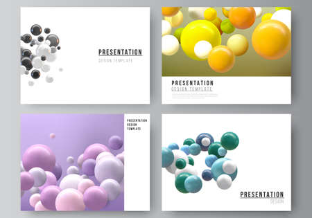Vector layout of presentation slides design templates, multipurpose template for presentation brochure, business report. Abstract futuristic background with colorful 3d spheres, glossy bubbles, balls.のイラスト素材