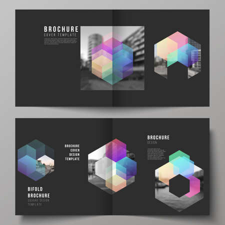 Vector layout of two covers templates with colorful hexagons, geometric shapes, tech background for square design bifold brochure, flyer, magazine, cover design, book design, brochure cover.のイラスト素材