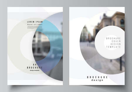 Vector layout of A4 cover mockups templates for brochure, flyer layout, booklet, cover design, book design, brochure cover. Background template with rounds, circles for IT, technology. Minimal style.のイラスト素材