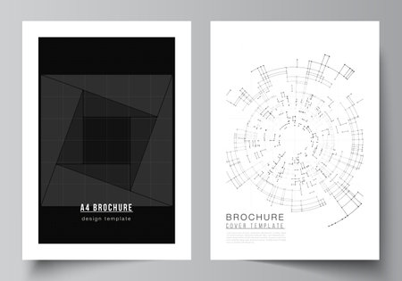 Vector layout of A4 cover design templates for brochure, flyer layout, booklet, cover design, book design. Black color technology background. Digital visualization of science, medicine, tech concept.のイラスト素材