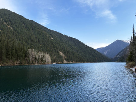 Lower Kolsay Lake, photographed at the Kolsai Lakes National Park in North Slope of Tian Shan Mountains, Almaty, Kazakhstanの写真素材