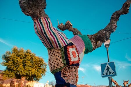 Tree with storm yarn. Artistic and creative street art. Colored wool in the trees. Street landscapeのeditorial素材
