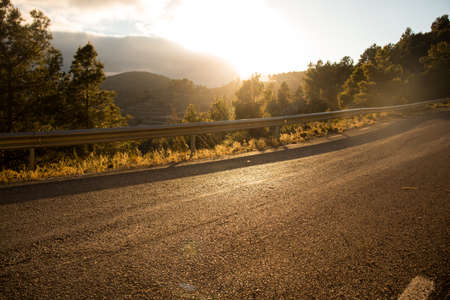 Sunset on a road with a forest in the background and blue sky の写真素材