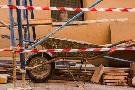 Manual cosntruction forklift truck, Photo of a construction in the street. Working conceptの写真素材