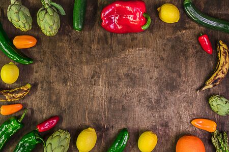 Rustic background with vegetables and fruits. Healthy and colorful foodの写真素材