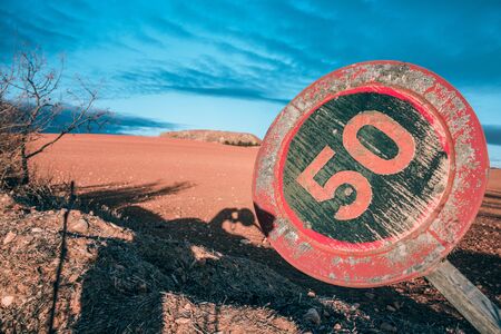 Landscape with a traffic sign. Travel conceptの写真素材