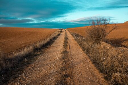Landscape of a dirt road and the sky in the background. Idyllic and dramatic landscapeの写真素材