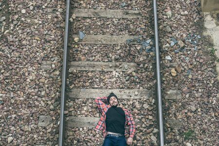 Casual dressed man with positive attitude. Vintage style photo and social networks. Handsome boyの写真素材
