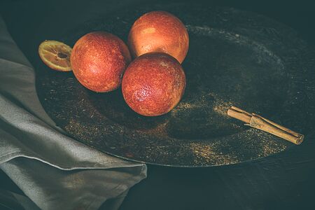 Blood oranges. Concept of dark moody food.Healthy and organic food. Organic agricultureの写真素材