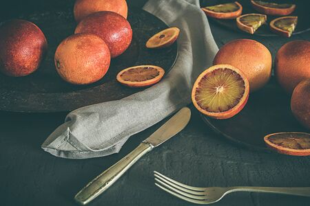 Blood oranges. Concept of dark moody food.Healthy and organic food. Organic agricultureの写真素材
