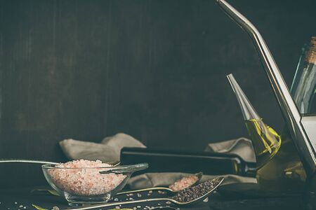 Himalayan salt and olive oil. Healthy Ingredientsの写真素材