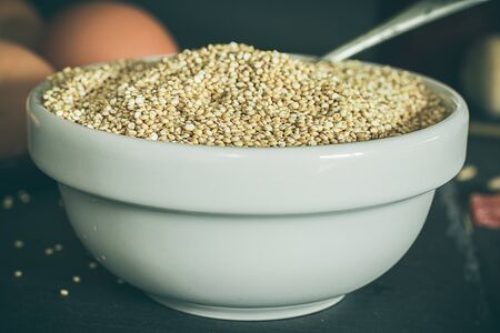 Bowl filled with Quinoa cereals. Perfect dish for vegetarians. Healthy, protein-rich foodの写真素材