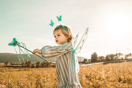 Adorable little girl in a butterfly costume with wings in the field.