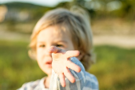 Portrait of a beautiful little blonde girl in the countryside with an expression of happiness.の写真素材