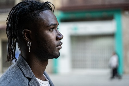 Portrait man African American attractive profile in the street.Photo with copy spaceの写真素材