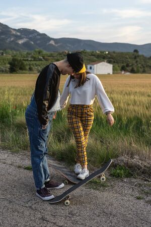 Portrait of a young couple with modern style smiling and happy. Millennial youth conceptの写真素材