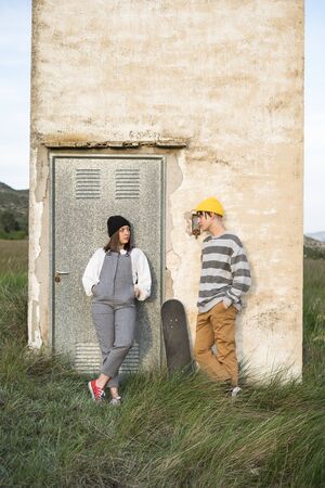 Portrait of a young couple with modern style smiling and happy. Millennial youth conceptの写真素材