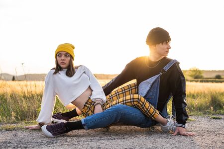 Portrait of a young couple happy millennial casual and modern dress. People of urban styleの写真素材
