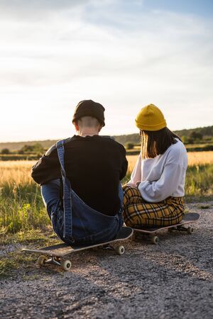 Portrait of a young couple happy millennial casual and modern dress. People of urban styleの写真素材