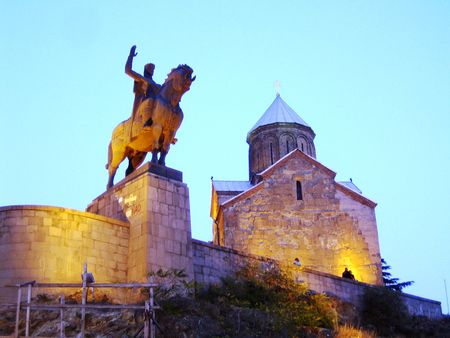Statue of King Vakhtang and Metekhi church in Tbilisi