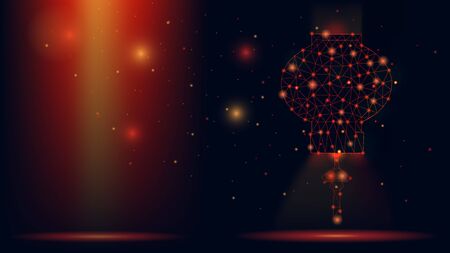 Abstract vector wireframe Chinese lantern . 3d modern illustration on dark red background. Low polygonal mesh art looks like constellation night sky with dots and stars. bright light from particles.のイラスト素材