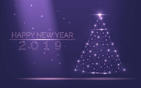 Abstract Christmas tree frame of bright light from particles on a popular purple background as symbol of Happy New Year, Merry Christmas holiday celebration. Low polygonal mesh art vector illustrationのイラスト素材