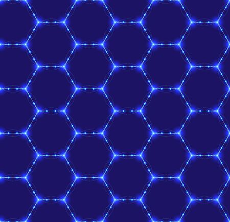 Seamless pattern of the hexagonal neon netting. Luminous particles. Futuristic texture. Geometric,...