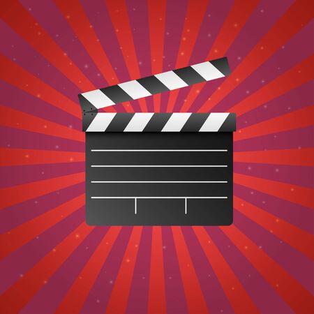 Realistic movie and film clapperboard icon on red background with sun rays and stars. Art design cinema slate board template. Abstract concept graphic filmmaking elementのイラスト素材