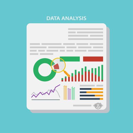 Data analysis. Vector icons and signs for the concept of infographic of big data analysis and financial research. Digital diagram and graphs of color illustration with magnifying glass iconのイラスト素材