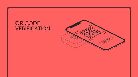 QR code verification. Smartphone screen read and scan bar code. Isometric hi tech vector illustration mobile phone with one solo red color. Template design banner and web site internet landing page.のイラスト素材