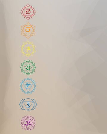 Chakras set: muladhara, swadhisthana, manipura, anahata, vishuddha, ajna, sahasrara. Vector logo art line symbol. Om sign on a background. EPS 10 simple vector template blank illustrationのイラスト素材
