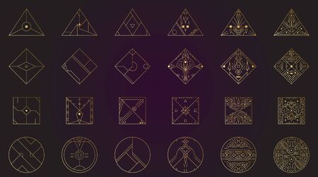 Geometric shape, abstract set of vector deco gold frames. Hipster trendy line style 1920 design. Luxury cover graphic poster brochure design. Elegant logo and icon. Mystery tribal illustration artのイラスト素材