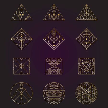 Geometric shape, abstract set of vector deco gold frames. Hipster trendy line style 1920 design. Luxury cover graphic poster brochure design. Elegant logo and icon. Mystery tribal illustration artのイラスト素材