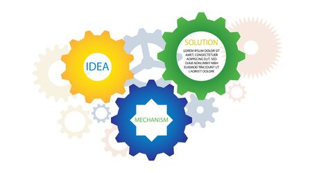 IDEA SOLUTION MECHANISM. Industrial abstract background with vector gears. Concept success team strategy. Icon and sign diagram for infographic illustration.のイラスト素材