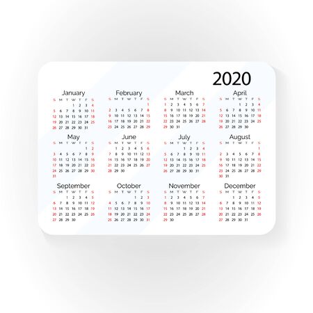 Horizontal vector pocket calendar 2020 year. Minimal business simple clean design. English grid, week starts from sundayのイラスト素材