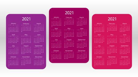 Set of colorful vector pocket calendar 2021 year. Minimal business simple clean design. English grid, week starts from sunday. のイラスト素材