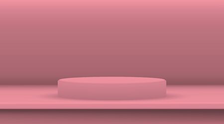 Pink ellipse cylinder vector mockup with shadow in studio. 3d minimalist contest pedestal isolated on a background. Podium platform for the item or award winner. Realistic geometric illustrationのイラスト素材