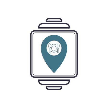 Outline icon smart watch with pin location place to food eat. Electronic media screen modern hand gadget device. Vector geometric marker with a plate, spoon and fork shape element.のイラスト素材