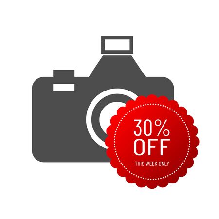 30% off. This week only. Photography icon. Digital camera illustration with red sale sticker. Photo...