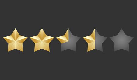 Gold five shape stars quality icon on a dark background. 5 gradient rating stars half and quarter filled.のイラスト素材