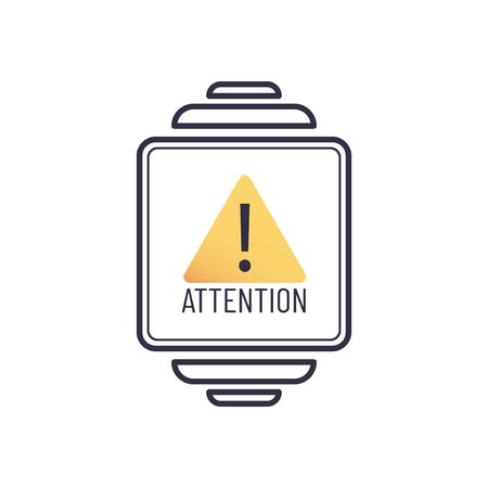 Outline icon of vector smartwatch with attention and warning sign. Exclamation yellow marks in the shapes of a triangleのイラスト素材